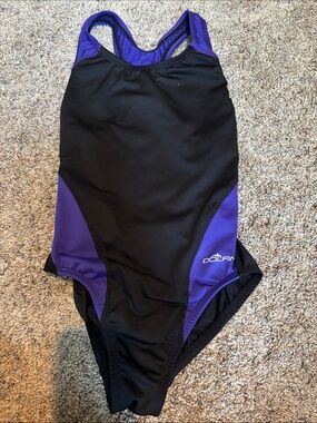 Dolfin Black with Purple Panel Athletic One-Piece Swimsuit for girls size 7/8